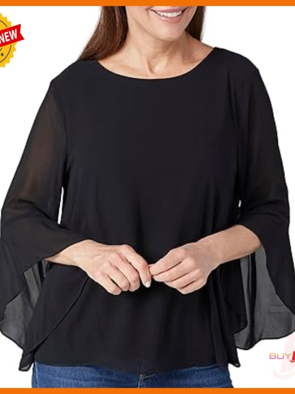 3/4 Ruffle Sleeve Blouse, Classic Fit, Polyester, Work & Party Top